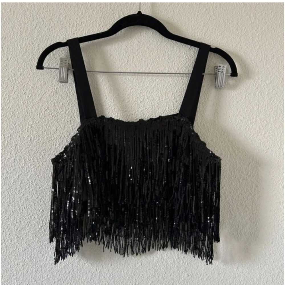 On Twelfth Elegant Black Fringe SequinsTank Top